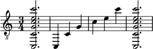 {
\clef "treble_8"
\time 3/4
<c, c g c' e' c''>2.
<c, >4
<c >4
<g >4
<c' >4
<e' >4
<c'' >4
<c, c g c' e' c''>2.
}