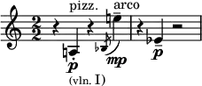 \relative c' {
\clef treble \override Staff.TimeSignature.style = #'numbered \time 2/2
\set Score.tempoHideNote = ##t \tempo 2 = 50 \accidentalStyle dodecaphonic
\set Staff.midiInstrument = "pizzicato strings"
r4 a4^"pizz."_\markup { \tiny (vln. I) }\p-. r4 \set Staff.midiInstrument = #"string ensemble 1" \acciaccatura bes8 e'4^"arco"\mp--| r4 ees,\p-- r2 |
}