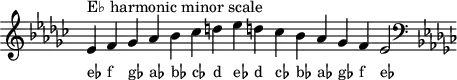 
\header { tagline = ##f }
scale = \relative b { \key es \minor \omit Score.TimeSignature
  es^"E♭ harmonic minor scale" f ges as bes ces d es d! ces bes as ges f es2 \clef F \key es \minor }
\score { { << \cadenzaOn \scale \context NoteNames \scale >> } \layout { } \midi { } }
