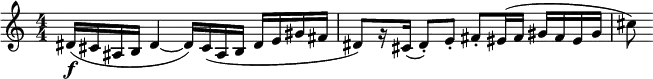 \relative c' {
    \set Score.tempoHideNote = ##t
    \numericTimeSignature
    \tempo 4 = 126
    \set Staff.midiInstrument = #&quot;alto sax&quot;
    dis16\f (cis ais b dis4 ~ dis16) cis (ais b dis e gis fis dis8) [r16 cis](dis8-.) e-. fis-. eis16(fis gis fis eis gis cis8)
 }
