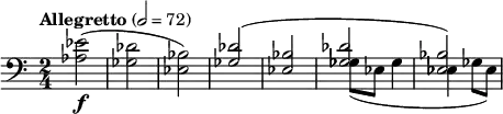 \relative c' { \clef bass \time 2/4 \set Staff.midiInstrument = #"trombone" \tempo "Allegretto" 2 = 72 <ees aes,>2(\f | <des ges,> | <bes ees,>) | << { <des ges,>( | <bes ees,> | <des ges,> | <bes ees,>) } \\ { s2 | s2 | ges8( ees ges4 | ees ges8 ees) } >> }