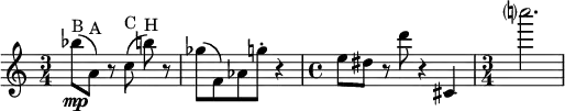 \relative c'' {
\set Staff.midiInstrument = #"violin"
\set Score.tempoHideNote = ##t \tempo 4 = 135
\time 3/4
\override TupletBracket #'stencil = ##f
\override Score.BarNumber #'stencil = ##f
\key c \major
bes'8\mp^"B"\( a,^"A"\) r8 \autoBeamOff c^ "C"\( b'^"H"\) \autoBeamOn r| ges\( f,\) as g'\staccato r4
\time 4/4 e8 dis r8 d' r4 cis,,|
\time 3/4 c'''?2.
}