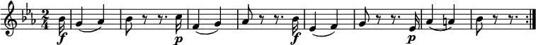 \relative bes' {
\key es \major \time 2/4
\partial 16 bes16 \f
g4( as) | bes8 r r8. c16 \p
f,4( g) | as8 r r8. bes16 \f
es,4( f) | g8 r r8. es16 \p
as4( a) | bes8 r r8. \bar ":|."
}