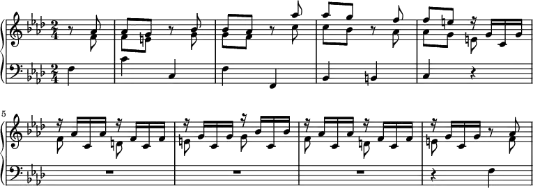 \new PianoStaff <<
\new Staff <<
\new Voice \relative c'' {
\set Score.tempoHideNote = ##t
\tempo 4 = 80
\key f \minor \voiceOne
b8\rest as |
as8 g b\rest bes |
bes8 as b\rest as' |
as8 g b,\rest f' |
f8 e r16 g, c, g' |
r16 as c, as' r f c f |
r16 g c, g' r bes c, bes' |
r16 as c, as' r f c f |
r16 g c, g' b8\rest as |
}
\new Voice \relative c' {
\voiceTwo
s8 f |
f8 e s g |
g8 f s c' |
c8 bes s as |
as8 g e s |
f8 s d s |
e8 s g s |
f8 s d s |
e8 s4 f8 |
}
>>
\new Staff \relative c {
\key f \minor \time 2/4 \clef bass
\partial 4 f4 |
c'4 c, |
f4 f, |
bes4 b |
c4 r |
R1*2/4*3 |
r4 f |
}
>>