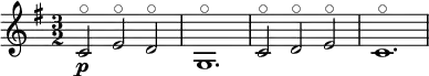 \relative c' { \clef treble \key g \major \time 3/2 c2\p\flageolet e\flageolet d\flageolet | g,1.\flageolet | c2\flageolet d\flageolet e\flageolet | c1.\flageolet }