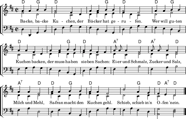 \header { tagline = ##f }
\layout { indent = 0
\context { \Score \remove "Bar_number_engraver" }
\context { \Voice \remove "Dynamic_engraver" }
}
global = { \key d \major \time 2/2 }
kords = \chordmode { \set midiInstrument = "acoustic guitar (nylon)"
\global \set chordChanges = ##t
d,2\ppp g, | d,1 | d,2 g,2 | d,1 |
\set chordChanges = ##f d,2 g, | d,1 | \set chordChanges = ##t d,2 g,2 | d,1 |
a,2:7 d, | a,:7 d, | a,:7 d, |
\set chordChanges = ##f d, g, | d,1 | \set chordChanges = ##t d,2 g, | d,4 a,4:7 d,2 \bar "|."
}
sopranoVoice = \relative c'' { \set midiInstrument = #"celesta"
\global \autoBeamOff
a4 a b b | a2 fis4 d | a' a b b | a2 fis2 |
a4 a b b | a a fis4 d | a' a b b | a a fis fis |
a8 a a4 fis2 | a8 a a4 fis2 | a4 a fis2 |
a4 a b b | a a fis2 | d' a4 g | fis e d2 \bar "|."
}
altovoice = \relative c' { \global
fis2\ppp d | fis cis | d4 fis d e | fis d cis2 |
d fis | cis cis | d4 fis d e | fis d cis2 |
d4 cis d2 | d4 cis d2 | d4 cis d2 |
fis4 cis d e | fis d cis2 |
d cis4 d | cis2 d2 \bar "|."
}
tenorvoice = \relative c { \global
d4\pp d, g b | d fis a g | fis d b g | d' fis a g |
fis e d b | fis' g a g | fis d b g | d' fis a g |
fis a b2 | fis4 a b2 | fis4 a d,2 |
d4 fis b, g | d' fis a g |
fis a fis d | <g a,>2 <fis d> \bar "|."
}
verse = \lyricmode {
Ba -- cke, ba -- cke Ku -- chen,
der Bä -- cker hat ge -- ru -- fen.
Wer will gu -- ten Ku -- chen ba -- cken,
der muss ha -- ben sie -- ben Sa -- chen:
Ei -- er und Schmalz,
Zu -- cker und Salz,
Milch und Mehl,
Sa -- fran macht den Ku -- chen gehl.
Schieb, schieb in'n O -- fen 'nein.
}
\score {
\new ChoirStaff <<
\new ChordNames { \kords }
\new Staff
<<
\new Voice = "soprano" { \voiceOne \sopranoVoice }
\addlyrics { \verse }
\new Voice = "alto" { \voiceTwo \altovoice }
>>
\new Staff
<<
\clef bass
\new Voice = "tenor" { \tenorvoice }
>>
>>
\layout { }
}
\score { << \kords \\ \sopranoVoice \\ \altovoice \\ \tenorvoice >>
\midi {
\tempo 2=90
\context { \Staff \remove "Staff_performer" }
\context { \Voice \consists "Staff_performer" }
}
}
% Chords from Commons score; accompaniment from ingeb.org