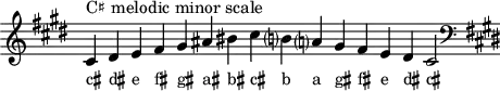 
\header { tagline = ##f }
scale = \relative b { \key cis \minor \omit Score.TimeSignature
  cis^"C♯ melodic minor scale" dis e fis gis ais bis cis b? a? gis fis e dis cis2 \clef F \key cis \minor }
\score { { << \cadenzaOn \scale \context NoteNames \scale >> } \layout { } \midi { } }
