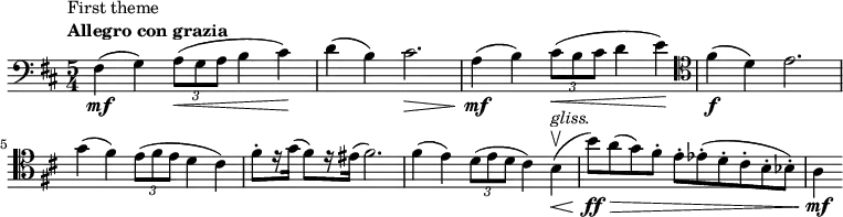 
    \relative c {
        \set Score.tempoHideNote = ##t \tempo 4 = 144
        \set Staff.midiInstrument = #"cello"
        \clef bass
        \key d \major
        \time 5/4
        fis4\mf(^\markup { \translate #'(-3.5 . 0)
              \column {
                \line { First theme }
                \line { \bold { Allegro con grazia } }
            }
        }
        g) \tuplet 3/2 { a8(\< g a } b4 cis)\!
        d( b) cis2.\>
        a4(\mf b) \tuplet 3/2 { cis8(\< b cis } d4 e)\!
        \clef tenor
        fis(\f d) e2. \break
        g4( fis) \tuplet 3/2 { e8( fis e } d4 cis)
        fis8-. [ r16 g( ] fis8) [ r16 eis( ] fis2.)
        fis4( e) \tuplet 3/2 { d8( e d } cis4) b\upbow(\<^\markup { \italic gliss. }
         b'8)\ff\> [ a( g) fis-. ] e-. [ es-.( d-. cis-. b-. bes-.) ]
        a4\mf
}
