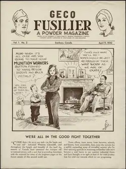 A cartoon in which a boy asks his mom "Mum - when it's all over are you going to have your munition workers button framed to hang beside Daddy's and Bill's Medals?" The father who sits in a chair, with a cane on his knee replies: "That's just what she'll do - women should be just as proud of their war work as we are of ours!" The cartoon emphasizes the importance of the contributions of women during World War Two.