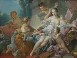 peinture figurant Vénus au cours de sa préparation, aidée par quatre personnages