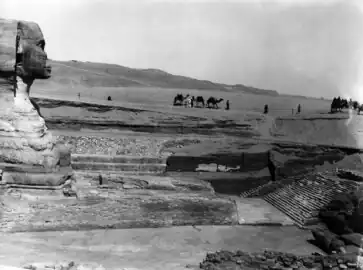 Side view of the Sphinx with the Roman stairway on the right, c. 1930