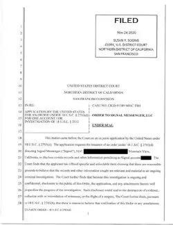 Unsealed 2021 subpoena addressed to Signal Messenger LLC requesting records for a redacted Signal profile name.