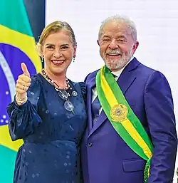 La Primera Dama de México Beatriz Gutiérrez Müller y el presidente Luiz Inácio Lula da Silva en Brasilia; enero de 2023.