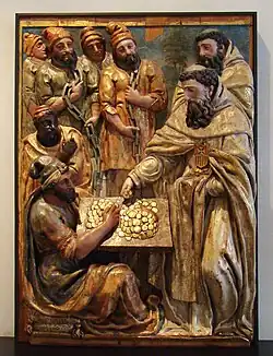 La redención de cautivos por San Pedro Nolasco, detalle del retablo mayor del convento de Nuestra Señora de la Merced (Valladolid), de Pedro de la Cuadra, 1599.