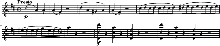 
 \relative c'' {
   \version "2.18.2"
   \key d \major
   \time 2/2
   \tempo "Presto"
   \tempo 4 = 200
    d2\p (a4) a-!
    a (fis) r2
    d'4 (a gis a)
    a (fis) r2
    cis'8 (d cis d cis d cis d)
    dis8 (e dis e dis e dis e)
    eis8 (fis eis fis g e fis d!)
    a'4 r4 r2
    <d,, d' d'>4\f r4 <e cis' a'> r4
    <d a' fis'> r4 r2
    <d d' d'>4 r4 <e cis' a'> r4
    <d a' fis'> r4 r2
 }
