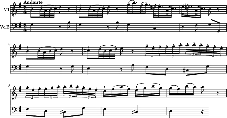 
<<
\new Staff \with { instrumentName = #"V1"}
\relative c'' { 
\version "2.18.2"
 \clef "treble" 
 \key g \major
 \time 2/4
 \tempo "Andante" 
   b8-! b32 (a b c) d8 r8
   b8-! b32 (a b c) d8 r8
   g32 (b16.) fis32 (g16.) dis32 (e16.) a,32 (c16.)
   e32 (d!16.) a32 (c16.) b8 r8
   b8-! b32 (a b c) d8 r8
   cis8-! d32 (b cis d) e8 r8
   \tuplet 3/2 {g16-. e-. fis-.} \tuplet 3/2 {fis16-. g-. a-.} \tuplet 3/2 {a16-. b-. a-.}  \tuplet 3/2 {g16-. fis-. e-.}
   \tuplet 3/2 {g16-. e-. fis-.} \tuplet 3/2 {fis16-. g-. a-.} \tuplet 3/2 {a16-. b-. a-.}  \tuplet 3/2 {g16-. fis-. e-.}
   d16-! fis (a fis) e-! (g b g)
   g (fis) b (a) a8 r8
}
\new Staff \with { instrumentName = #"Vc,B"}
\relative c'' { 
 \clef "bass" 
 \key g \major
 \time 2/4
 \tempo "Andante" 
   g,4 r8 b8
   g4 r8 b8
   g4 c,
   r8 fis8 g g,
   g'4 r8 g8
   e4 r8 a8
   fis d cis g'
   fis d cis g'
   fis4 cis
   d r16
}
>>
