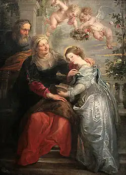 Rubens, ca. 1630. El mismo autor tiene una curiosa obra semejante, pero no religiosa: La educación de María de Médici, donde el papel de Santa Ana lo hace la diosa Minerva.[6]​