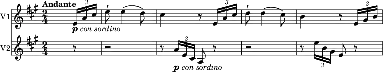 <<
\new Staff \with {
instrumentName = #"V1"
}
\relative c'' {
\version "2.18.2"
\clef "treble"
\tempo "Andante"
\key a \major
\time 2/4
\tempo 4 = 50
s4. \tuplet 3/2 {e,16_\markup { \dynamic p \hspace #0.1 \italic { con sordino } } a cis}
e8-! e4 (d8)
cis4 r8 \tuplet 3/2 {e,16 a cis}
d8-! d4 (cis8)
b4 r8 \tuplet 3/2 {e,16 gis b}
}
\new Staff \with {
instrumentName = #"V2" }
\relative c'' {
\clef "treble"
\tempo "Andante"
\key a \major
\time 2/4
s4. r8 r2
r8 \tuplet 3/2 {a16_\markup { \dynamic p \hspace #0.1 \italic { con sordino } } e cis} a8 r8 r2
r8 \tuplet 3/2 {e''16 b gis} e8 r8
}
>>
