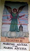 Detalle de ladrillo cerámico con la representación del Ángel Custodio en Puebla de San Miguel (Valencia), año 2004.