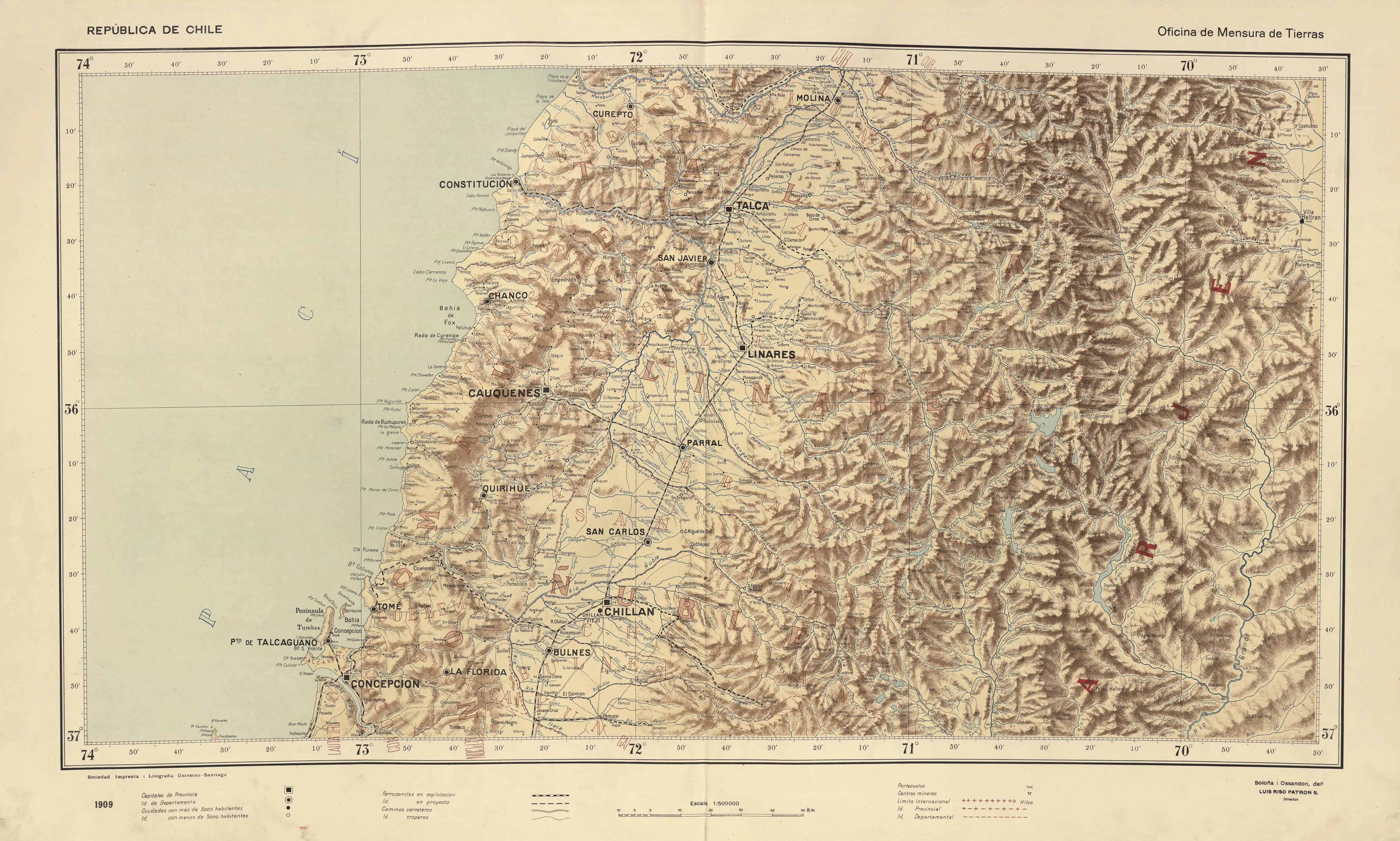 Cuenca del río Maule en un mapa de Luis Risopatrón de 1910.
