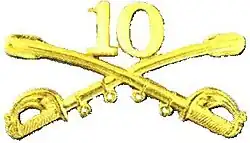 A computer generated reproduction of the insignia of the Army 10th Cavalry Regiment. The insignia is displayed in gold and consists of two sheafed swords crossing over each other at a 45&nbsp;degree angle pointing upwards with a Roman numeral 10
