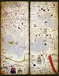 Mapamundi en tablas, fragmento del Atlas Catalán de Cresques Abraham (1375)