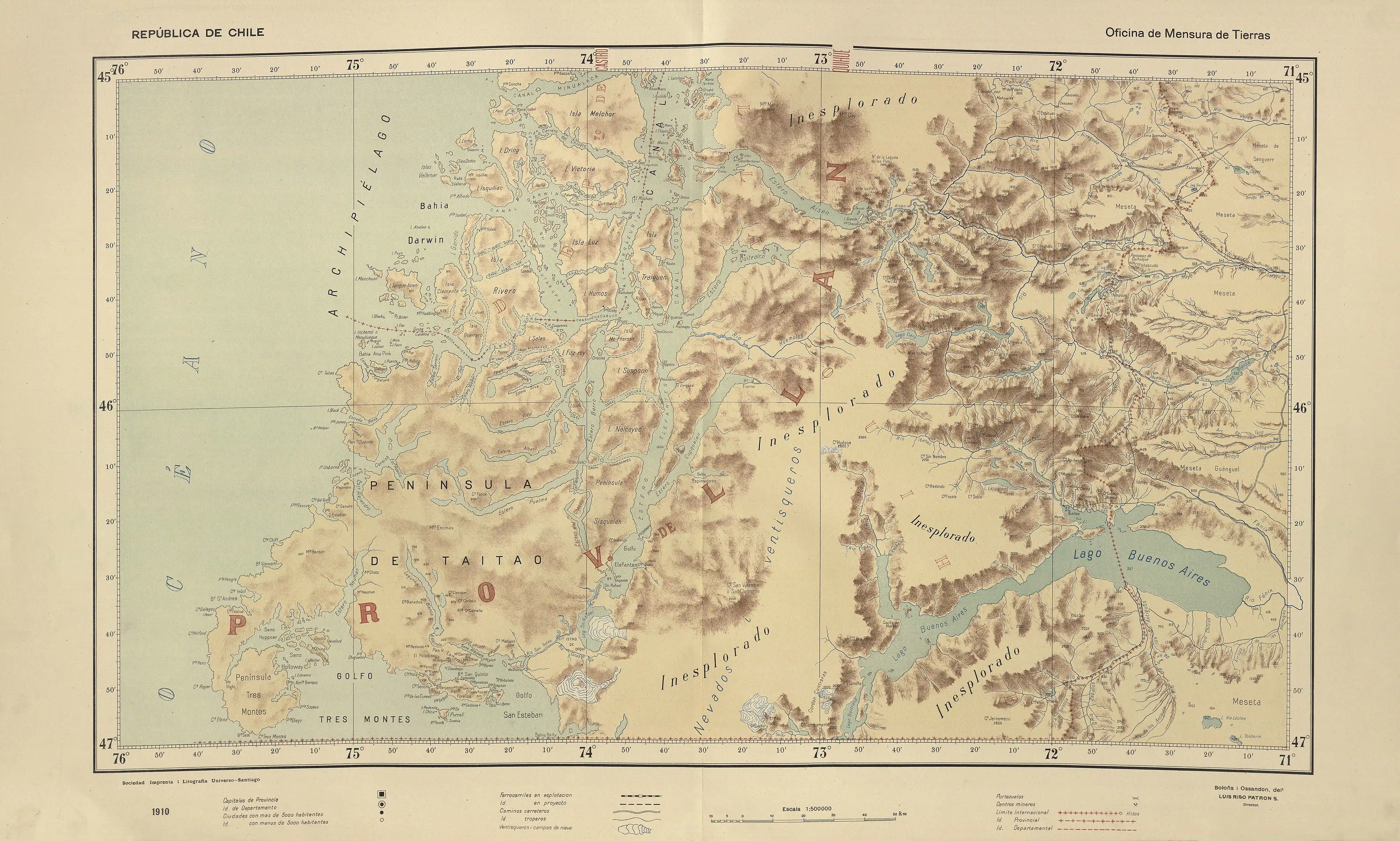 La cuenca del río Simpson en un mapa de Luis Risopatrón de 1910. Como puede verse en el mapa completo, amplias zonas de la región eran aún inexploradas.