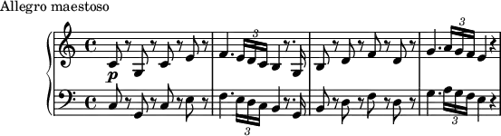 \version "2.18.2"
\header {
tagline = ##f
}
upper = \relative c' {
\clef treble
\key c \major
\time 4/4
\tempo 4 = 140
\override TupletBracket.bracket-visibility = ##f
%%Mozart — Concerto 21 mvt 1, th. 1
c8\p r8 g r8 c r8 e r8 f4. \tuplet 3/2 { e16 d c } b4 r8. g16 b8 r8 d r8 f r8 d r8 g4. \tuplet 3/2 { a16 g f } e4 r4
}
lower = \relative c {
\clef bass
\key c \major
\time 4/4
c8 r8 g r8 c r8 e r8 f4. \tuplet 3/2 { e16 d c } b4 r8. g16 b8 r8 d r8 f r8 d r8 g4. \tuplet 3/2 { a16 g f } e4 r4
}
\header {
piece = "Allegro maestoso"
}
\score {
\new PianoStaff <<
\new Staff = "upper" \upper
\new Staff = "lower" \lower
>>
\layout {
\context {
\Score
\remove "Metronome_mark_engraver"
\override SpacingSpanner.common-shortest-duration = #(ly:make-moment 1/2)
}
}
\midi { }
}