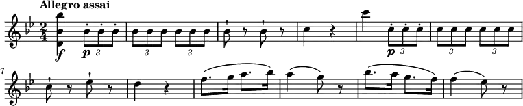 
\relative c'' {
  \version "2.18.2"
  \key bes \major
  \time 2/4
  \tempo "Allegro assai"
  \tempo 4 = 140
  <d, bes' bes'>4 \f \tuplet 3/2 {bes'8-.\p bes-. bes-. }
   \tuplet 3/2 {bes bes bes} \tuplet 3/2 {bes bes bes}
   bes8-! r8 bes8-! r8
   c4 r4
   c' \tuplet 3/2 {c,8-.\p c-. c-. }
   \tuplet 3/2 {c c c} \tuplet 3/2 {c c c}
   c8-! r8 ees-! r8
   d4 r4
   f8. (g16 a8. bes16)
   a4 (g8) r8
   bes8. (a16 g8. f16)
   f4 (ees8) r8
}
