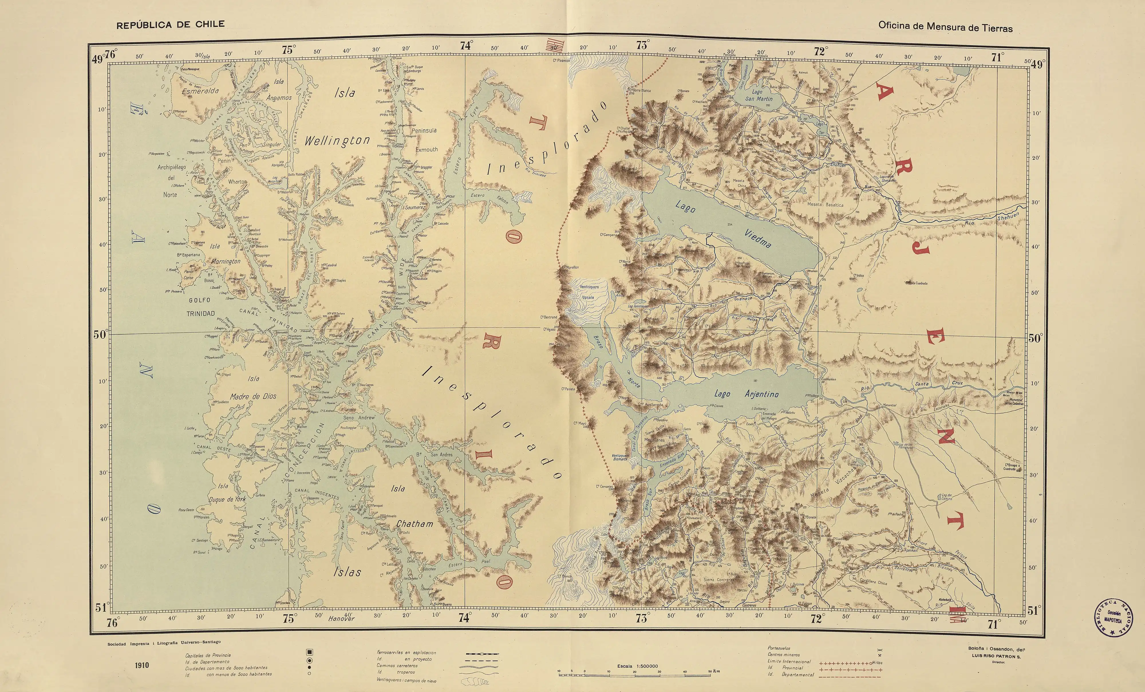 Sección de un mapa de Luis Risopatrón publicado en 1910 mostrando los cerros Daudet, Stoke y Cubo.