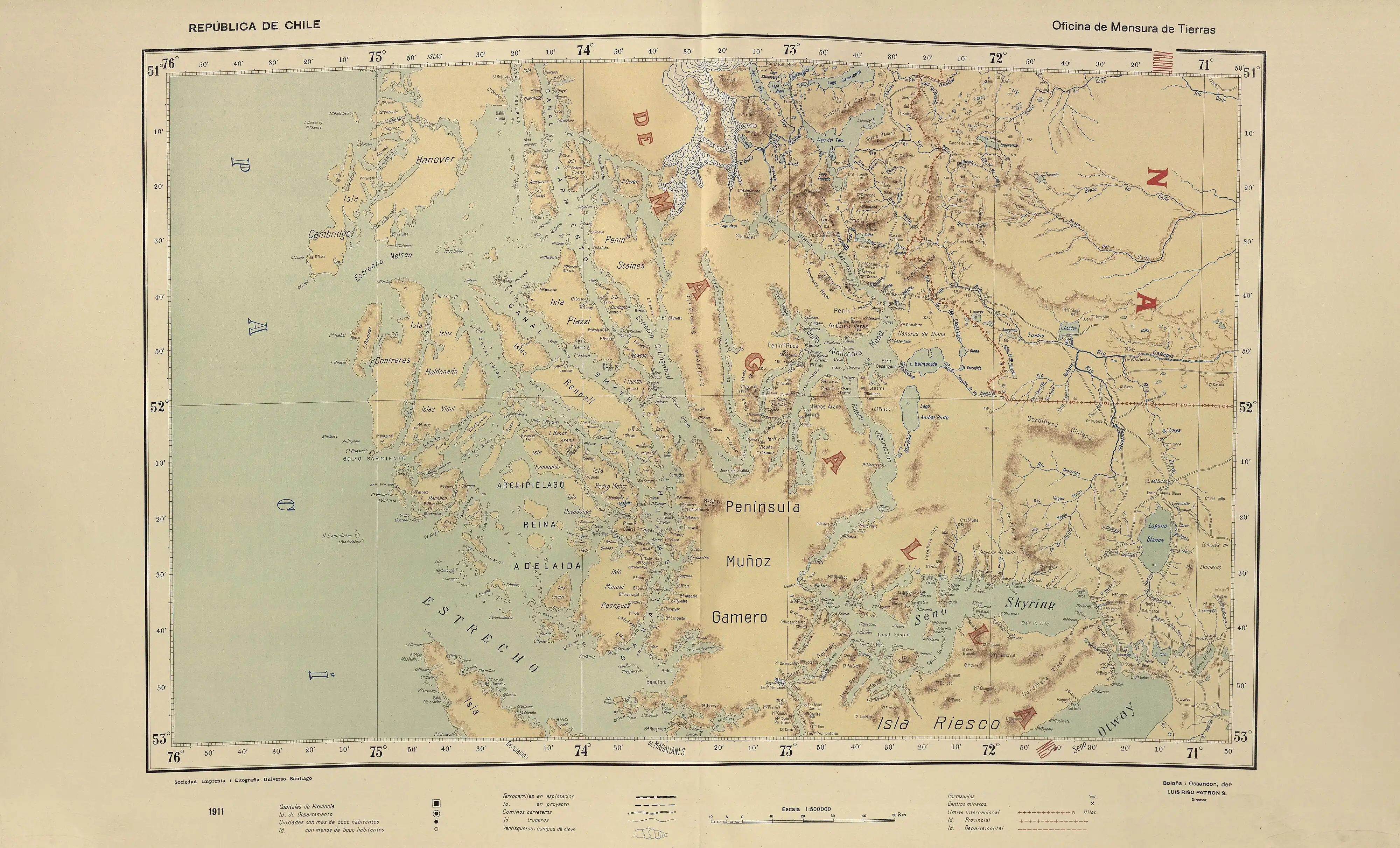 El lago Balmaceda en un mapa de Luis Risopatrón elaborado en 1910.