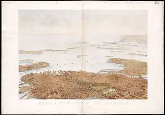 Vista a vuelo de pájaro de Boston, 1866. Dibujo de Nutting; publicó B.B. Russell & Co.