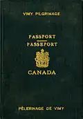 Pasaporte especial expedido para los canadienses que viajaron a Francia en 1936 para la inauguración del Memorial canadiense de Vimy.[21]​
