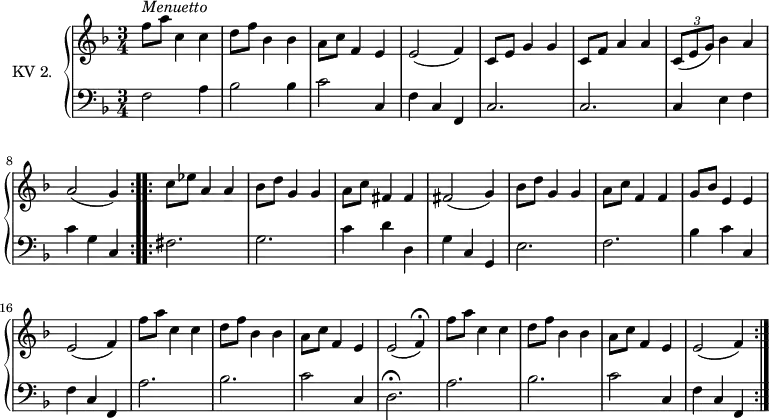 \version "2.14.2"
\header {
tagline = ##f
}
upper = \relative c'' {
\clef treble
\key f \major
\time 3/4
\tempo 4 = 130
\tempo "Menuetto"
\set Staff.midiInstrument = #"dulcimer"
\repeat volta 2 {
f8^\markup \italic { Menuetto} a c,4 c | d8 f bes,4 bes | a8 c f,4 e | e2 (f4)
| c8 e g4 g | c,8 f a4 a
| \tuplet 3/2 {c,8 (e g) } bes4 a | a2 (g4)
}
\repeat volta 2 \relative c' {
c'8 ees a,4 a | bes8 d g,4 g | a8 c fis,4 fis
| fis2 (g4) | bes8 d g,4 g | a8 c f,4 f | g8 bes e,4 e | e2 (f4)
| f'8 a c,4 c | d8 f bes,4 bes | a8 c f,4 e | e2 (f4) \fermata
| f'8 a c,4 c | d8 f bes,4 bes | a8 c f,4 e | e2 (f4)
}
}
lower = \relative c {
\clef bass
\key f \major
\time 3/4
\set Staff.midiInstrument = #"harpsichord"
\repeat volta 2 {
f2 a4 | bes2 bes4 | c2 c,4 | f4 c f,| c'2. | c2. | c4 e f | c' g c,
}
\repeat volta 2 \relative c' {
fis,2. | g2. | c4 d d, | g c, g | e'2. | f2. | bes4 c c, | f c f,
| a'2. | bes2.| c2 c,4 | d2. \fermata | a'2. | bes2.| c2 c,4
| f c f,
}
}
\score {
\new PianoStaff <<
\set PianoStaff.instrumentName = #"KV 2."
\new Staff = "upper" \upper
\new Staff = "lower" \lower
>>
\layout {
\context {
\Score
\remove "Metronome_mark_engraver"
}
}
\midi { }
}