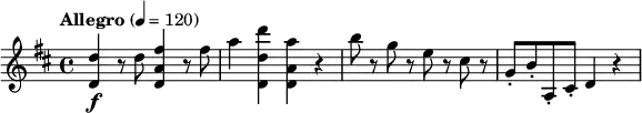 \relative c'' {
\version "2.18.2"
\key d \major
\tempo "Allegro" 4 = 120
<d d,>4\f r8 d <fis a, d,>4 r8 fis |
a4 <d d, d,> <a a, d,> r |
b8 r g r e r cis r |
g8-. b-. a,-. cis-. d4 r |
}