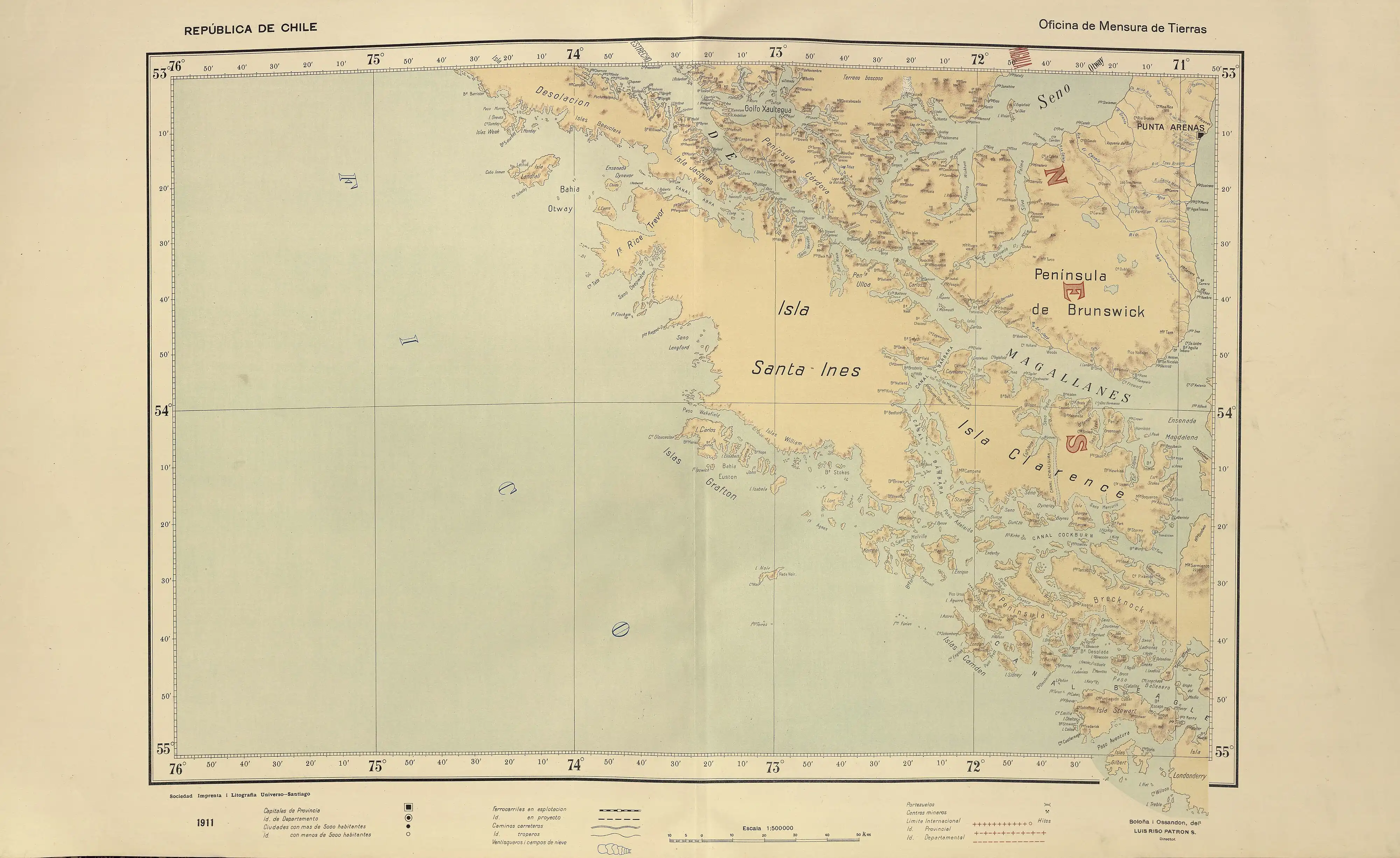 El río La Caleta en un mapa de Luis Risopatrón elaborado en 1910. Las laderas del noreste de la cordillera Vidal son drenadas por los formativos del río Penitente, de la cuenca del río Gallegos, de la vertiente del Atlántico.