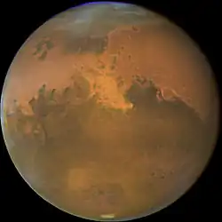 Mars from Hubble Space Telescope October 28, 2005 with sandstorm visible.