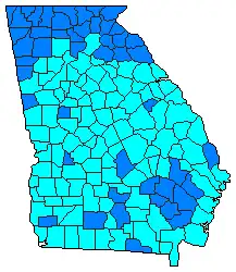 Un mapa de los condados ganados por cada candidato en las primarias demócratas de Georgia.