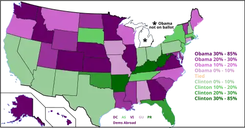 Chart of 50 states, showing state-by-state popular votes in the Democratic primaries and caucuses, shaded by percentage won. Popular vote winners and delegate winners differed in New Hampshire, Nevada, Missouri, Texas, and Guam.