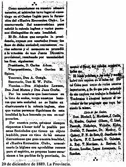 Noticia del diario La Provincia (20 de diciembre de 1889) aludiendo a la primera junta del «Huelva Recreation Club».