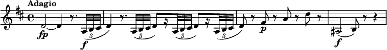 
\relative c' {
 \override Score.NonMusicalPaperColumn #'line-break-permission = ##f
 \version "2.18.2"
 \key d \major
 \tempo "Adagio"
 \tempo 4 = 45
  \override TupletBracket #'direction = #-1
  \override TupletBracket #'stencil = ##f
  d2~\fp d4 r8. \times 2/3 { a32\f( b cis } |
  d4) r8. \times 2/3 { a32( b cis } d8)[ r16 \times 2/3 { a32( b cis] } d8)[ r16
    \times 2/3 { a32( b cis] } |
  d8) r fis\p r a r d r |
  ais,2\f( b8) r r4
}
