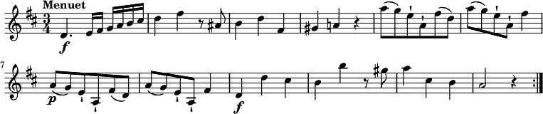\relative c' {
\version "2.18.2"
\clef "treble"
\tempo "Menuet"
\key d \major
\time 3/4
d4. \f e16 fis g a b cis
d4 fis4 r8 ais,8
b4 d fis,
gis a! r4
a'8 (g) e-! a,-! fis' (d)
a'8 (g) e-! a,-! fis'4
a,8\p (g) e-! a,-! fis' (d)
a'8 (g) e-! a,-! fis'4
d4\f d' cis
b b' r8 gis8
a4 cis, b
a2 r4 \bar ":|."
}