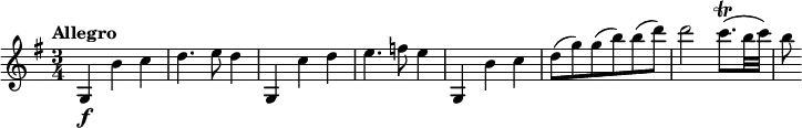 \relative c' {
\version "2.18.2"
\tempo "Allegro"
\key g \major
\time 3/4
\tempo 4 = 130
g4\f b' c |
d4. e8 d4 |
g,,4 c' d |
e4. f8 e4 |
g,,4 b' c |
d8( g) g( b) b( d) |
d2 c8.\trill( b32 c32) |
b8
}
