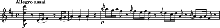 
\relative c'' {
 \key d \major
 \tempo "Allegro assai"
  <d' d, d,>\f r8 d,,16( e fis4) r8 fis16( g a4) a-! a-! r \grace b'16\p(a8 ) g16 a fis8 r \grace g16(fis8 ) e16 fis d8 r \grace e16(d8 ) cis16 d a8 r \grace b16(a8 ) g16 a fis8 r
}
