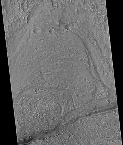 Flujo y corriente que es parte de un importante sistema de drenaje en la región de Idaeus Fossae