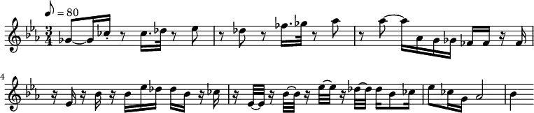 { \time 3/4 \key c \minor \tempo 8=80 \relative c'' { ges8 ~ ges16 ces16 -. r8 ces16. des32 r8 ees8 r8 des8 r8 fes16.
ges32 r8 aes8 r8 aes8 ~ aes16 aes,16 g16 ges16 fes16 fes16 r16 fes16 r16 ees16
r16 bes'16 r16 bes16 ees16 des16 des16 bes16 r16 ces16 r16 ees,32 ~ ees32 r16
bes'32 ~ bes32 r16 ees32 ~ ees32 r16 des32 ~ des32 des16 bes8 ces16 ees8 ces16
g16 aes2 bes4 } }