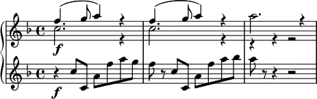 {
\new PianoStaff <<
\new Staff \relative e'' {
\set Staff.midiInstrument = #"flute" \key f \major \clef treble \time 4/4 \set Score.tempoHideNote = ##t \tempo 4 = 120
<<
{
\voiceOne \stemDown c2. \f r4 | % 2
c2. r4 | % 3
a'2. r4
}
\new Voice {
\voiceTwo \stemUp f4. ^( g8 a4 ) r4 | % 2
f4. ^( g8 a4 ) r4 | % 3
r4 r4 r2
}
>> \oneVoice
}
\new Staff \relative c'' {
\set Staff.midiInstrument = #"string ensemble 1" \key f \major \clef treble \time 4/4
r4 \f c8 c,8 a'8 f'8 a8 g8 | % 2
f8 r8 c8 c,8 a'8 f'8 a8 bes8 | % 3
a8 r8 r4 r2
}
>>
}