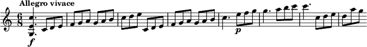 \version "2.18.2"
\relative c'' {
\key c \major
\time 6/8
\tempo " Allegro vivace"
\tempo 4 = 200
<g, e' c'>4. \f c8 d e
f g a g a b
c d e c, d e
f g a g a b
c4. e8 \p f g
g4. a8 b c
c4. c,8 d e
d a' g
}