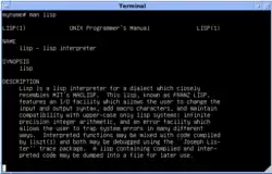 Captura de pantalla del manual de Emulación Lisp en Blanco y negro 4.3 de BSD UWisc VAX
