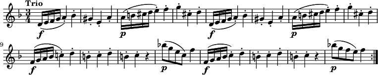 \relative c' {
\version "2.18.2"
\clef "treble"
\key f \major
\time 3/4
\tempo "Trio"
d16 \f (e f g a4-.) bes-.
gis-. e-. a-.
a16 \p (b cis d e4-.) f-.
g-. cis,-. d-.
d,16 \f (e f g a4-.) bes-.
gis-. e-. a-.
a16 \p (b cis d e4-.) f-.
g-. cis,-. d-.
f,16 \f (g a bes c!4-.) d-.
b-. c-. d-.
b-. c-. r4
bes'!8 \p (g e c) f4
f, 16 \f (g a bes c4-.) d-.
b-. c-. d-.
b-. c-. r4
bes'!8 \p (g f e ) f4 \bar ":|."
}